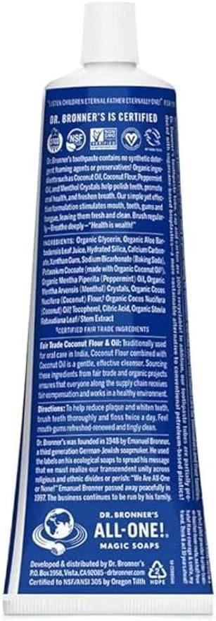 Dr. Bronner’s All-One Toothpaste Pack of 3– Peppermint, 5 oz– Fluoride-Free Toothpaste for Adults, SLS-Free, 70% Organic & Natural Ingredients, Vegan, Helps Freshen Breath & Reduce Plaque