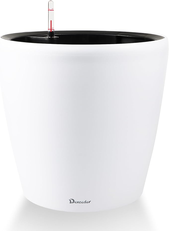 Dexceder 13x12 Self Watering Planter with Wheels Indoor Outdoor, Inner Pot Design, Thickened Large Floor Standing Flower Plant Pot with Water Level Indicator (White Matte)