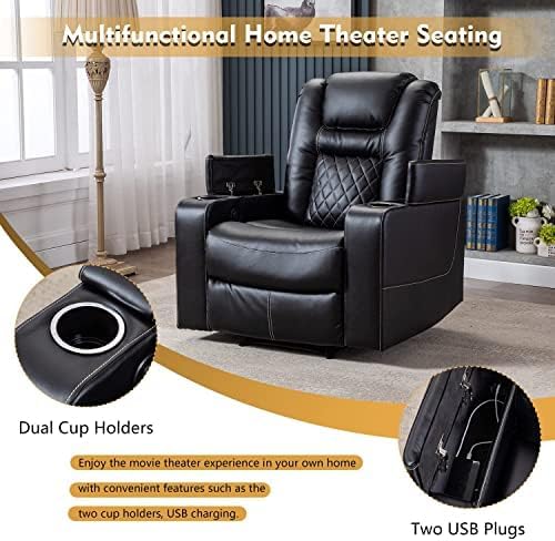 CANMOV Electric Power Recliner Chair Set of 2, Breathable Leather Home Theater Seating with Hidden Arm Storage, Power Recliner Chair for Living Room with USB Ports and Cup Holders,Black