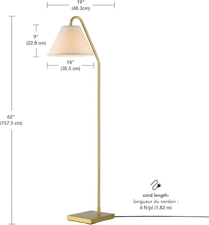 GLOBE Electric 61000147 62" Floor Lamp, Matte Brass, Beige Fabric Shade, On/Off Rotary Switch on Socket, 6-Foot Clear Cord, Reading Light, Bedroom, Living Room, Home Decor