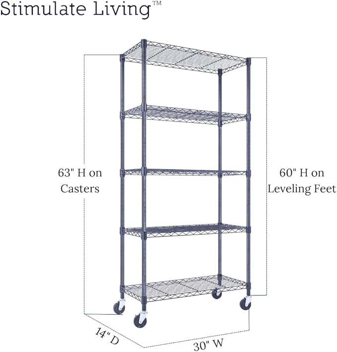 30"x14"x60" PRIME HEAVY DUTY Black 5-Tier Wire Shelving 1,750 LBS MAX Capacity Storage Rack for Commercial, School, Home, Garage, Warehouse, Industrial, and Hospital Uses (with Wheels)