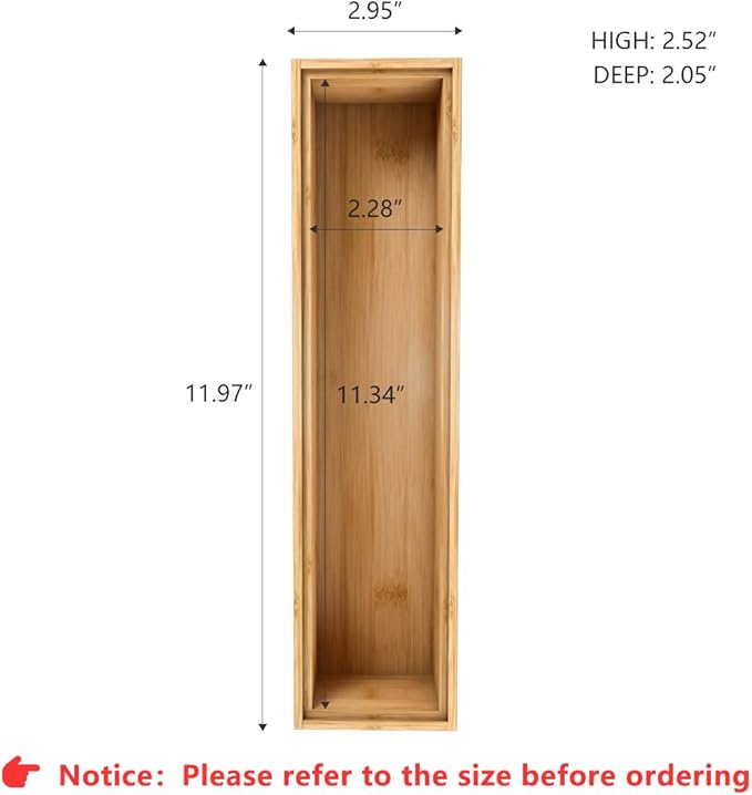 Bamboo Kitchen Drawer Organizer, Stackable Silverware Tray Utensil Organizer Cutlery Holder for Kitchen,Wooden Storage Box for Bathroom, Multi-Use Storage Bins Dividers for Office(12x3x2.5 inch）