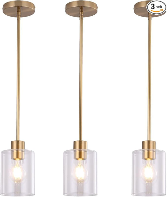 Brass Pendant Lights Kitchen Island - Gold Clear Glass Pendant Light Fixture Multiple Stems Rods 3 Units 12 Inch 3 Units 4 Inch (3 Pack Brass)
