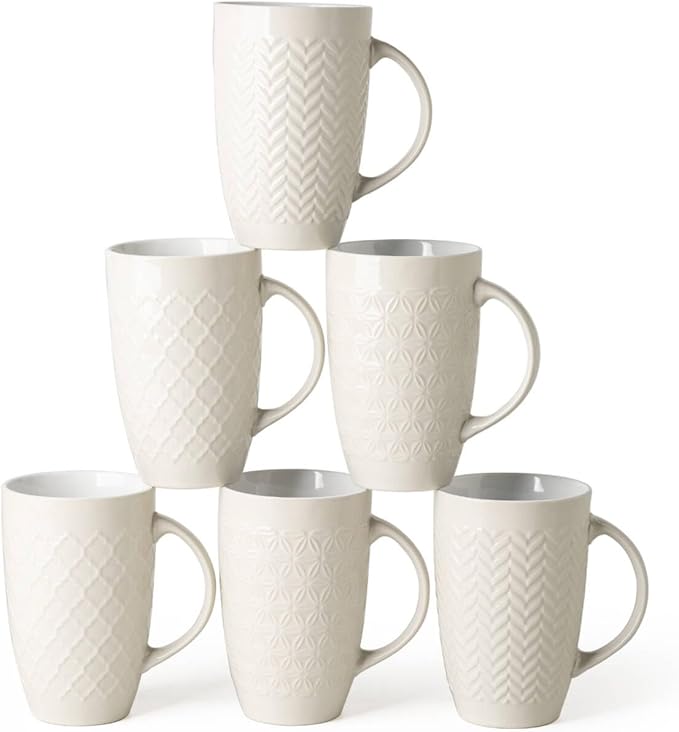 AmorArc Extra Large Coffee Mugs Set of 6, 20oz Ceramic Tall Coffee Mugs Set with Textured Geometric Patterns for Coffee/Tea/Beer/Hot Cocoa, Dishwasher & Microwave Safe,Beige