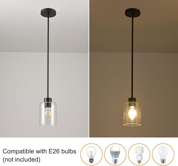 Black Pendant Lights Kitchen Island - Seeded Glass Pendant Light Fixture Multiple Stems Rods (3 Pack with Rod seeded Glass)