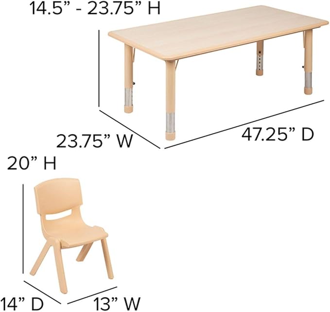 Flash Furniture Emmy Adjustable Classroom Activity Table with 6 Stackable Chairs, Plastic Activity Table for Kids, 23.625" W x 47.25" L, Natural