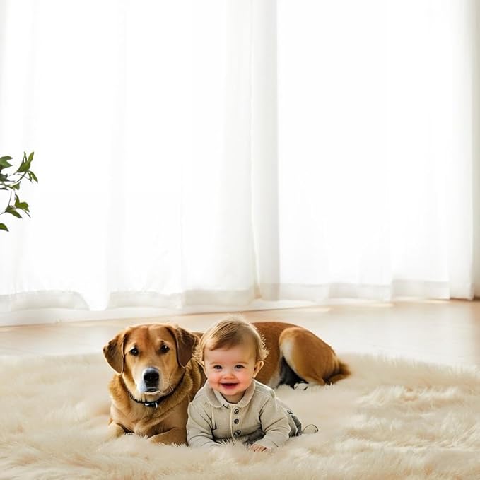 AMTOVO Faux Fur Sheepskin Rug for Living Room, 4 x 6 ft Beige Fluffy Area Rug for Bedroom, Playroom, Luxury Room Decor, Rectangle