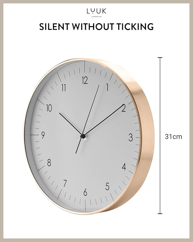 LUUK LIFESTYLE Silent Quartz Wall Clock, Nordic and Minimalist Design, Interior Decoration for Living Room, Kitchen, Bedroom, White and Gold