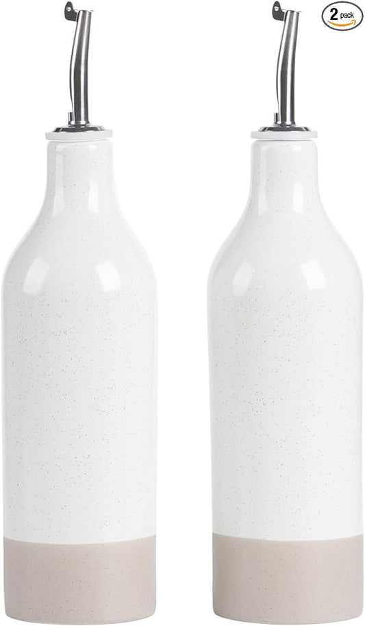 famiware Milkyway 16oz Ceramic Olive Oil Dispenser Bottle, Olive Oil and Vinegar Dispenser Bottle Set of 2 with Stainless Steel Pourers, Suitable for Storage Vinegar, Soy Sauce, Liquids, White