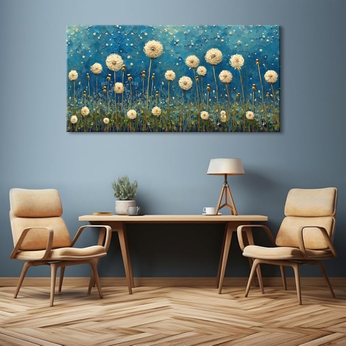 LASMOND Teal Dandelion Wall Art for Living Room Abstract Blowball Canvas Painting Prints Large Flower Floral Grassland Bedroom Decoration Modern Artwork Decor (46x23 Inches)