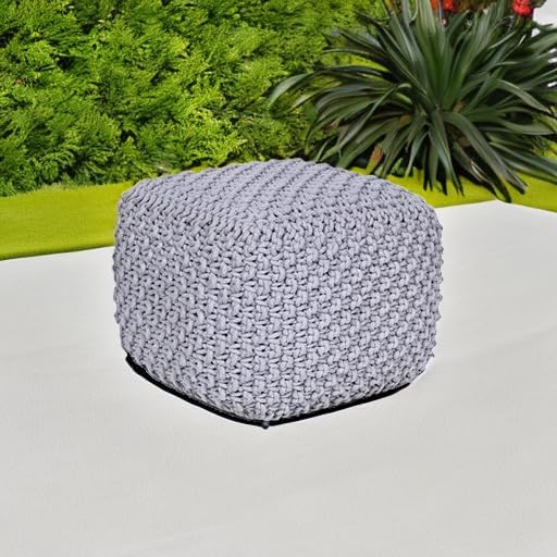 BIRDROCK HOME Square Pouf Ottoman | Cotton Braided Foot Stool with Bean Bag Filling | Boho Foot Rest for Living Room, Bedroom | Compact & Comfortable Seating, Lightweight & Sturdy | Grey