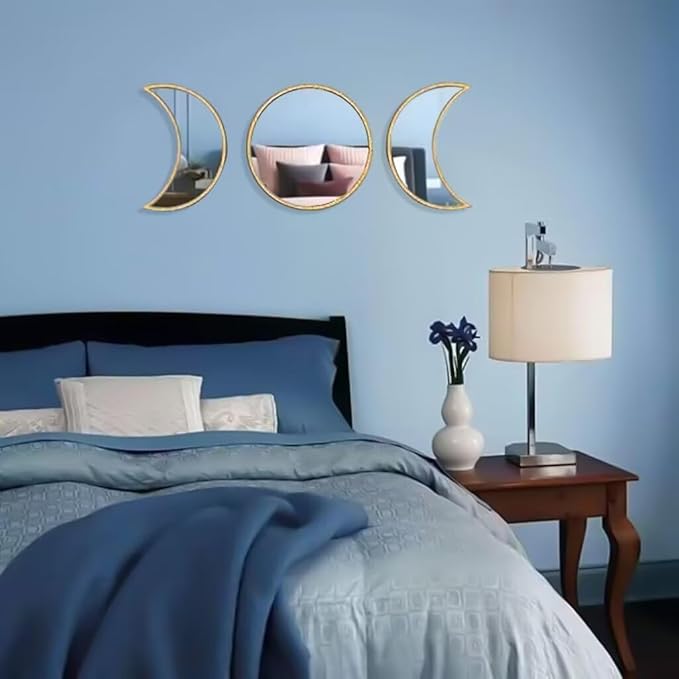 5 pcs Scandinavian Natural Decor Acrylic Moonphase Mirrors Interior Design Moon Phase Mirror Bohemian Wall Decoration for Home Living Room Bedroom Decor - No Need to Punch (Gold)