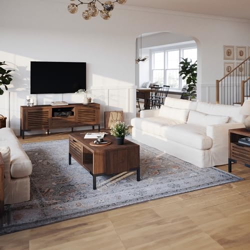 Bme Millie Coffee Tables for Living Room - Industrial Rustic - Two Drawers - Open Shelf - Rustic Scuffed Texture - Convenient Metal Handle and Sturdy Legs with Levelers - Easy Assembly - Chestnut