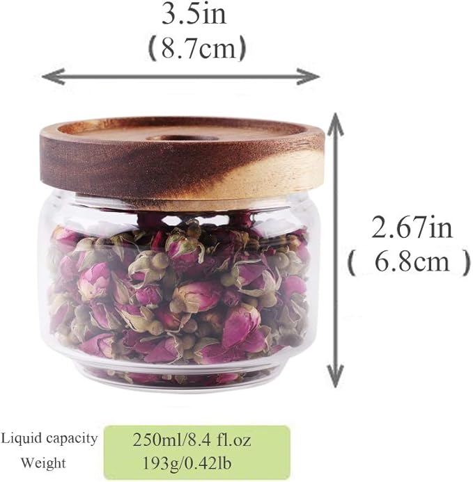 Glass Coffee Containers, 8.5 FL OZ/250 ml Kitchen Serving Food Storage Canister with Sealed Wooden Lid, BPA-Free Clear Glass Jar for Tea Leaves, Powder, Spice(3.06 inch)