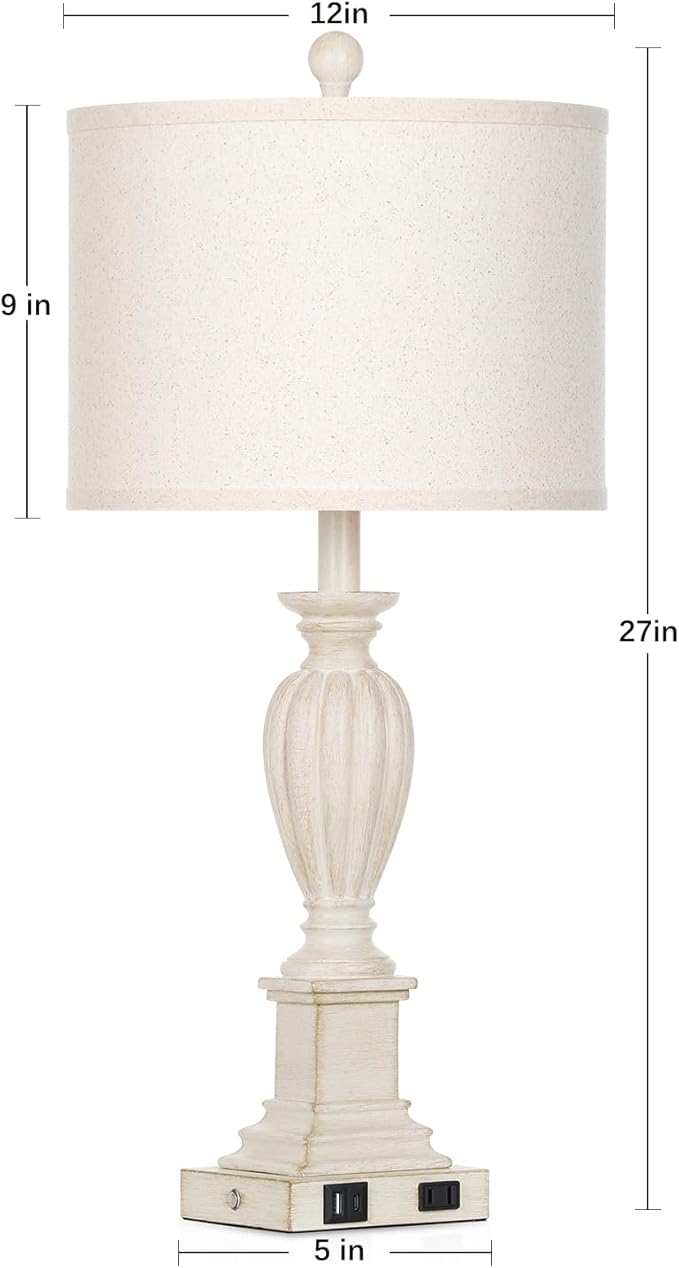 27" Farmhouse 3 Way Dimmable Touch Table Lamp Set of 2 Rustic Classic Bedside Nightstand Wood Lamps for Living Room Bedroom with USB C+A Ports Washed White (2 Bulbs Included)