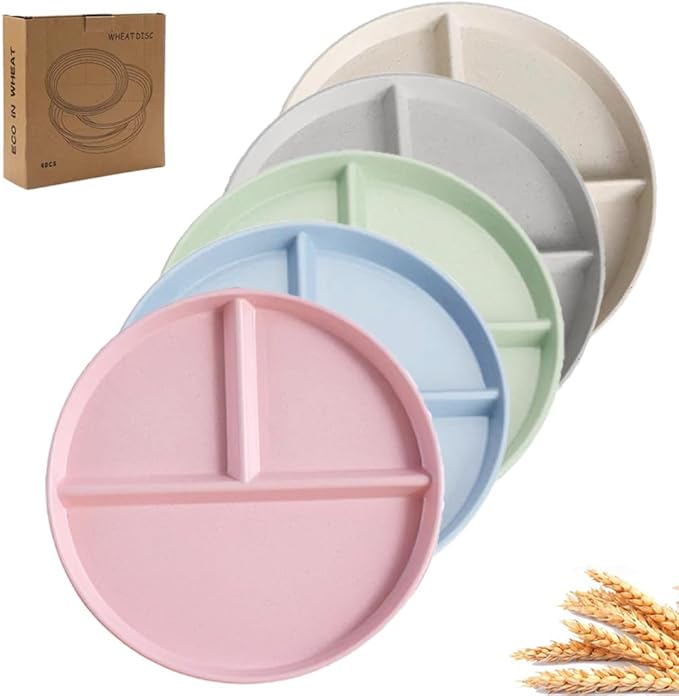 9" Unbreakable Divided Plates Set of 5, Wheat Straw Plate Reusable Dinnerware Portion Control Plates, Round Bariatric Plastic Plate for Kids Adults, BPA-free, Dishwasher Safe