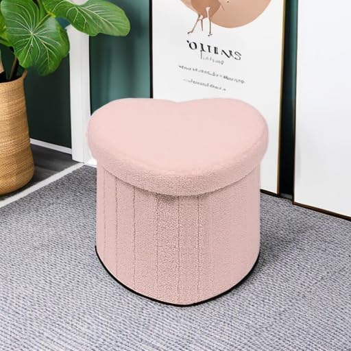 B FSOBEIIALEO Storage Ottoman Cube, Heart Shaped Ottomans with Storage Foot Stool Footrest for Lving Room, Boucle Ottoman Seat for Dorm Room,Faux Teddy Fur, Pink 15"x15"x15"