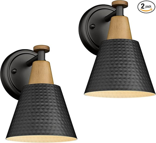FEMILA Wall Sconces Set of 2, 1-Light Matte Black Bathroom Light Fixtures, Modern Single Vanity Light Wall Lamp with Hammered Metal Shade, 4FG59B-2 BK