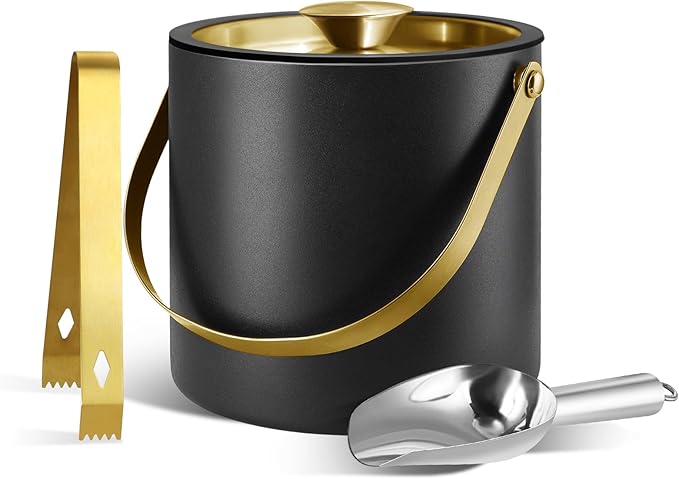 2L Ice Bucket with Silicone Lid, Scoop, Gold Tongs & Strainer, Stainless Steel Double Wall Insulated Ice Buckets for Parties & Cocktail Bar Outdoor Champagne Ice Container Bin, Black
