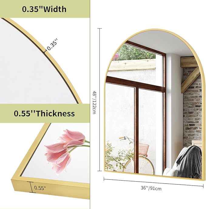 BEAUTYPEAK 36"x48" Arch Bathroom Mirror, Wall Mounted Vanity Metal Frame Mirror for Bedroom, Entryway, Living Room, Gold