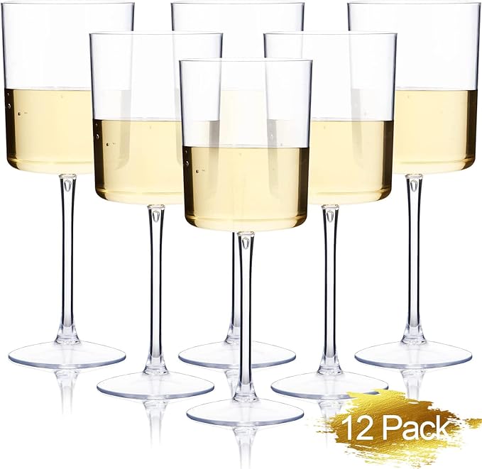 Ciaell 12 Pack Clear Plastic Wine Glasses - 10 Oz Disposable Wine Glasses with Stem for Parties & Weddings & Poolside & Outdoors & Camping