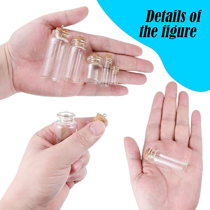 Geiserailie 45 Pcs Mini Glass Bottles with Cork Stoppers Spell Jar Clear Wishing Jars with 50 Eye Screws 3 Funnels for Wedding Party Favors DIY Art Crafts Decoration, 5 Sizes