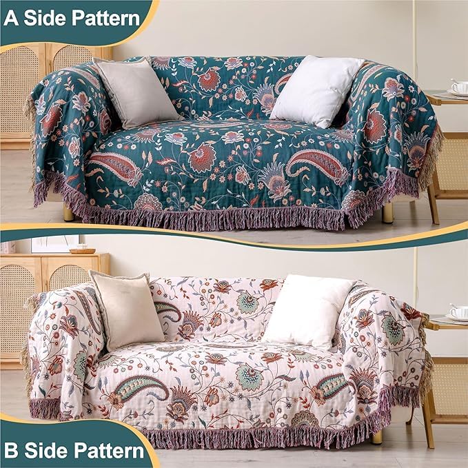 Boho Throw Blanket for Bed,100% Ultra Cotton Soft Breathable Bed Throw Floral Printed Farmhouse Decor Rustic Bed Throws for Couch Sofa Quilt White Flowers 60" x 80"