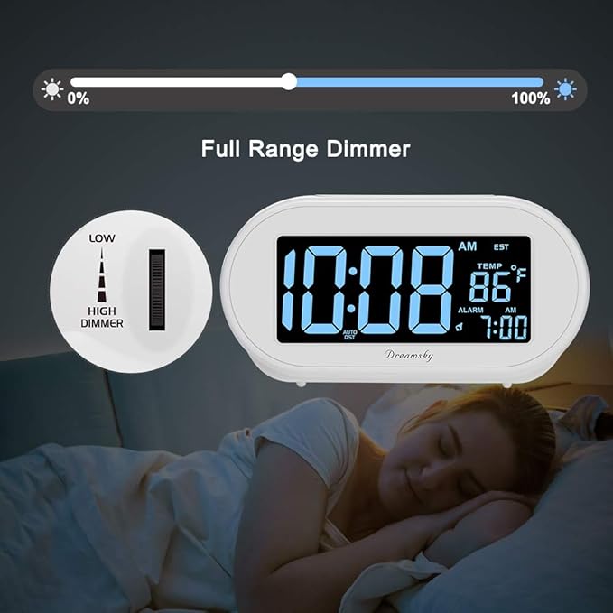 DreamSky Alarm Clocks for Bedrooms, Auto Set Digital Desk Clock for Bedside Nightstand, Electric Clock with Dimmable Brightness Dimmer, Auto DST, USB Port, Date, Temperature, Snooze