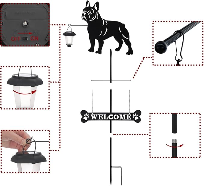 BAYN Solar French Bulldog Silhouette Dog Breed Welcome Sign with a Lantern Outdoor Decorative Garden Stakes for Yard, Lawn, Patio, Pathway