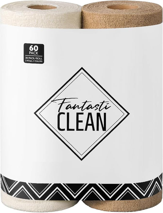 Fantasticlean Microfiber Cleaning Cloth Roll -60 Pack, Tear Away Microfiber Towels, 12" x 12", Reusable, Washable, Scratch Free, Ultra Absorbent Dish Rags for Car, Home, Garage or Shop (Beige & Tan)
