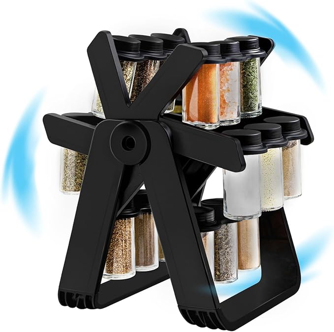 Rotating Spice Rack - Revolving Ferris Wheel Countertop Spice Organization with 18 Glass Spice Jars Countertop Spice Storage Rack for Families Kitchen