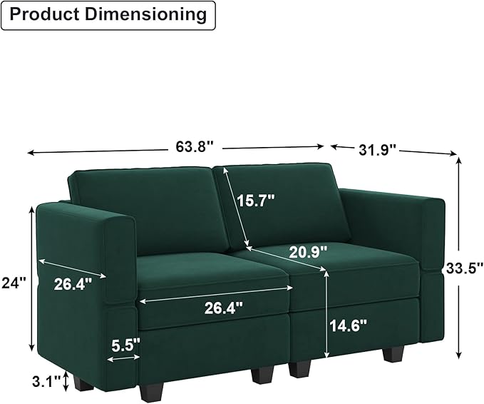 Belffin Modular Loveseat Sofa Couch with Storage Seats Velvet 2 Seater Love Seats for Small Spaces Green