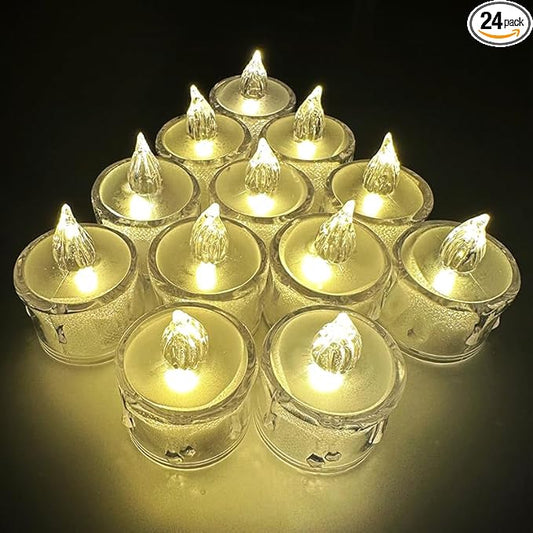 24-Pack Crystal Flameless Tea Lights – Battery Operated LED Candles with Realistic Flicker for Easter Decorations, Wedding Centerpieces, Halloween Party & Holiday Gift Box (Set of 24)