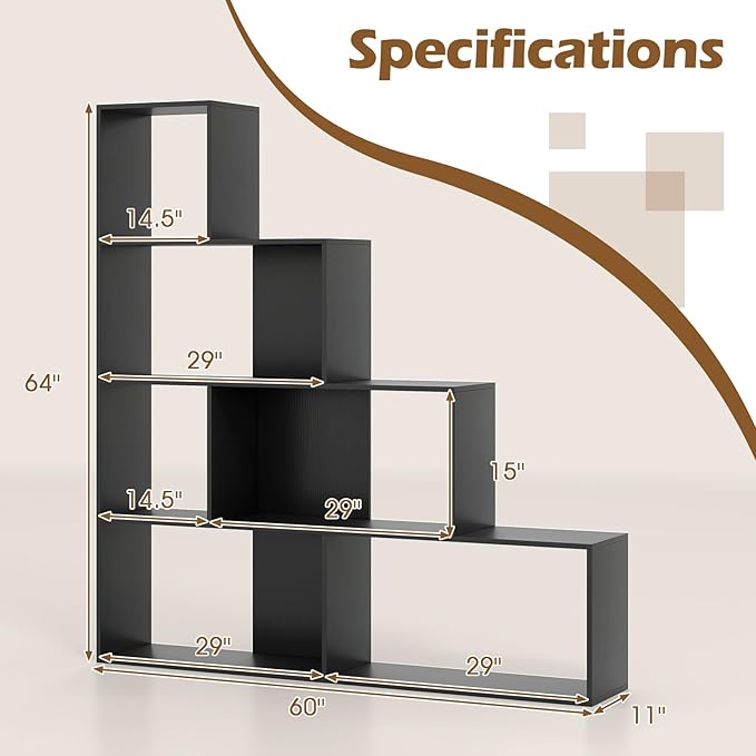 Tangkula 4-Tier Stepped Bookshelf, Freestanding 6 Cubes Ladder Bookcase with Anti-Tipping Kits, 64" Tall Modern Wooden Storage Display Rack for Home Office Living Room Study (2, Black)