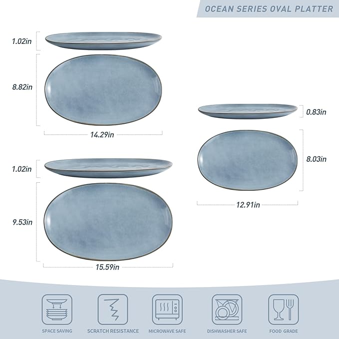 famiware Serving Platter, Oval 15.59/14.3/12.9inch Serving Dishes for Entertaining, Serving Bowls, Reactive Glaze, Stoneware Serving Trays for Party, Food, Turkey, Cheese, Ocean Series, Blue
