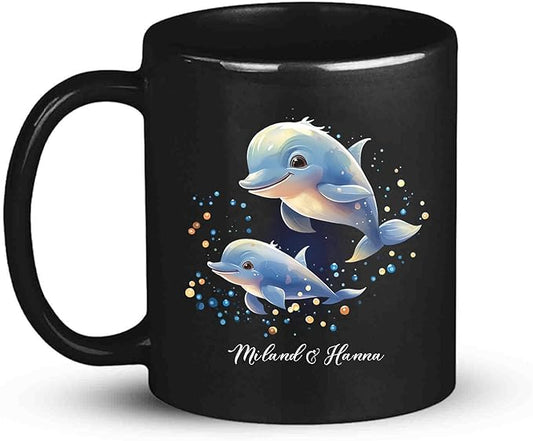 Custom Name Xmas Animal Cup, Cute Dolphins Swimming Design Mug 11oz 15oz, Customized Christmas Dolphins Black Cup, Personalized Animal Lover Coffee Mug, Gift For Newlyweds, Close Friend