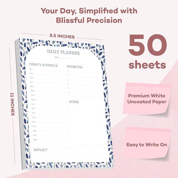 Bliss Collections Daily Planning Pad, To Do List Notebook - Undated Tear-Off Sheets Notepad - Work Calendar, Organizer, Scheduler for Goals, Tasks - Daily Planner (Floral), 8.5" x 11", 50 Sheets