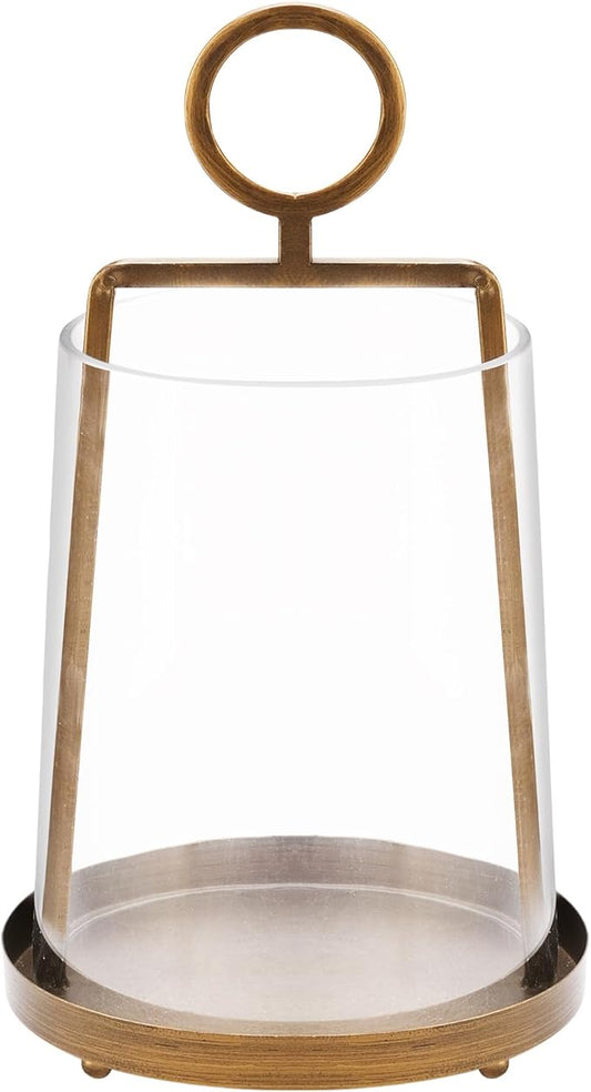 9" Wide Modern Farmhouse Metal Hurricane Candle Holder with Handmade Sturdy Glass Sleeve in Antique Brass for Pillar Candle & Plants, Hurricane Lantern, Industrial, Minimalistic (1, Brass, 9"x14")