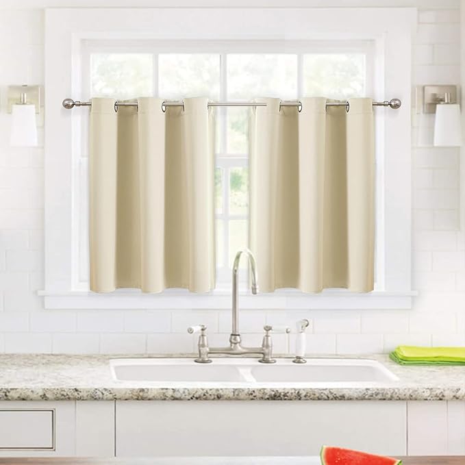 ChrisDowa Small Window Curtains for Kitchen and Bedroom - Grommet Short Thermal Insulated Room Darkening Curtains (2 Panels, Beige, 52 x 36 Inch)