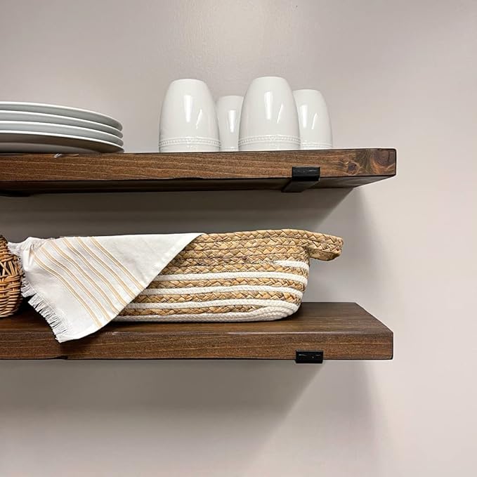 Rustic Shelves with J-Brackets Set of 2, Industrial Shelf, Kitchen Shelves, Solid Wood, Decorative Wall Storage, Heavy Duty, URBANDI (Provincial, 24Wx12D)