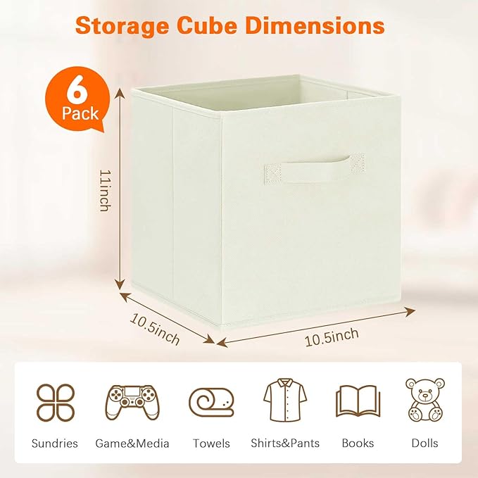 GhvyenntteS Storage Cubes, 11 Inch Cube Storage Bins with Dual Handles, Collapsible Fabric Storage Bins for Shelves Closet, Storage Baskets for Organizing Clothes, Bedding, Toys, Books (6 Pack, Beige)