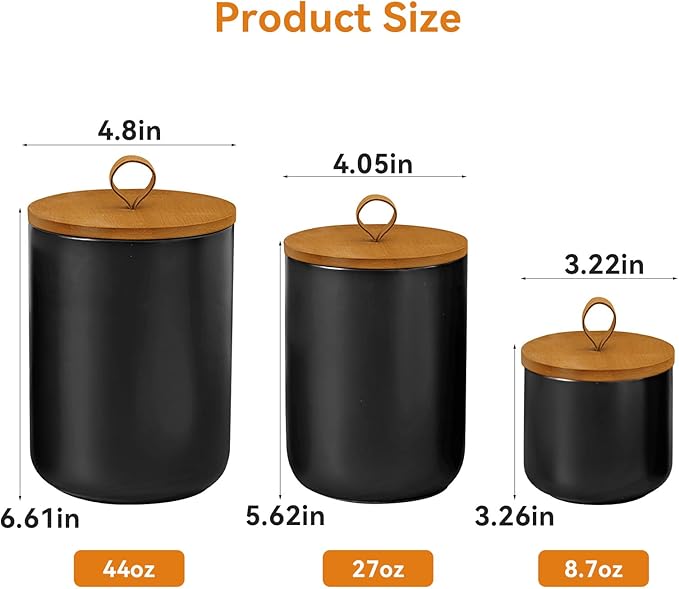 Canister Sets for Kitchen,Ceramic Kitchen Canisters for Countertop with Airtight Wood Lids for Serving Ground Coffee, Tea, Spice, Grains, Sugar, Salt (Black Pack of 3 (8.7/27/44 Oz))