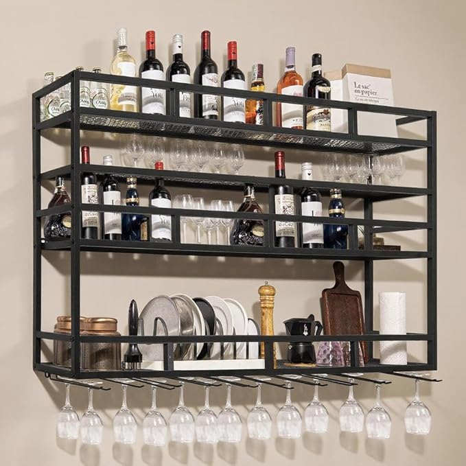 59" Large Wine Rack Wall Mounted with Bottle Glass Holder, 3-Tiers Metal Liquor Floating Shelves with LED Light, Wall Bar Shelf for Home, Restaurant, Commercial Bar, Kitchen Storage Display