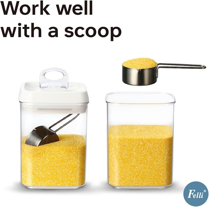 Felli Flip Tite Food Storage Containers With Lid 5" LARGE Airtight Ring Lock Flip Top, Square Acrylic Canister Jar for Rice Sugar Flour Protein Powder, Kitchen Pantry Organizer, Gift Set (1.8qt)
