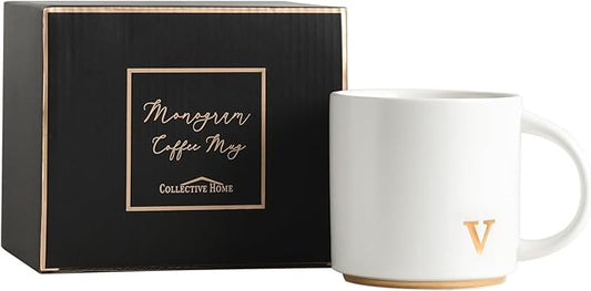 COLLECTIVE HOME - Monogram Ceramic Mugs, 15 oz Golden Initial Coffee Cups, Elegant Alphabet Tea Mugs, Elegant Personalized Mug with Gift Box, Luxurious Cups for Office and Home (v)