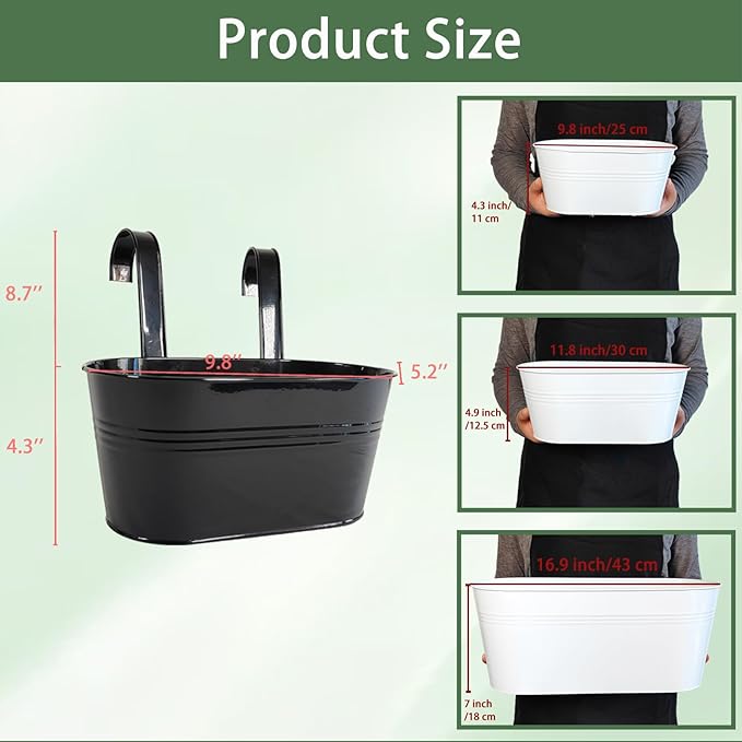 4 Pack Metal Hanging Planter for Outdoor Plants, 10 Inch Black Fence Planters Railing Pots for Garden Patio Balcony Decor, Flower Bucket with Detachable Hooks (Black, 4Pcs)