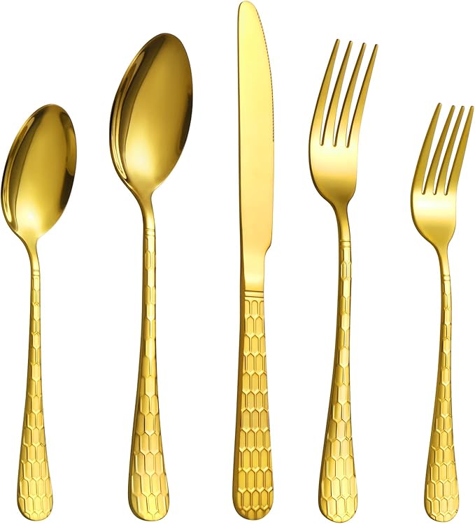 20 Pcs Gold Silverware Set for 4 with Water Cube Handle design, Food Grade Stainless Steel Flatware Set, Eating Utensils Sets Include Fork/Knife/Spoon, Reusable Cutlery Set, Dishwasher Safe