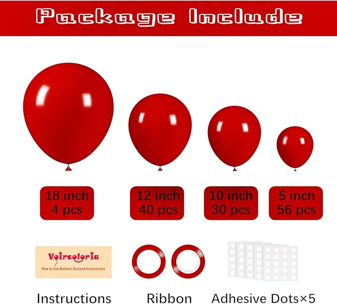 130pcs Ruby Red Balloons Different Sizes 18" 12" 10" 5" Dark Red Latex Balloon Garland Arch Kit for Birthday Baby Shower Graduation Wedding Valentine's Day Christmas Party Decorations