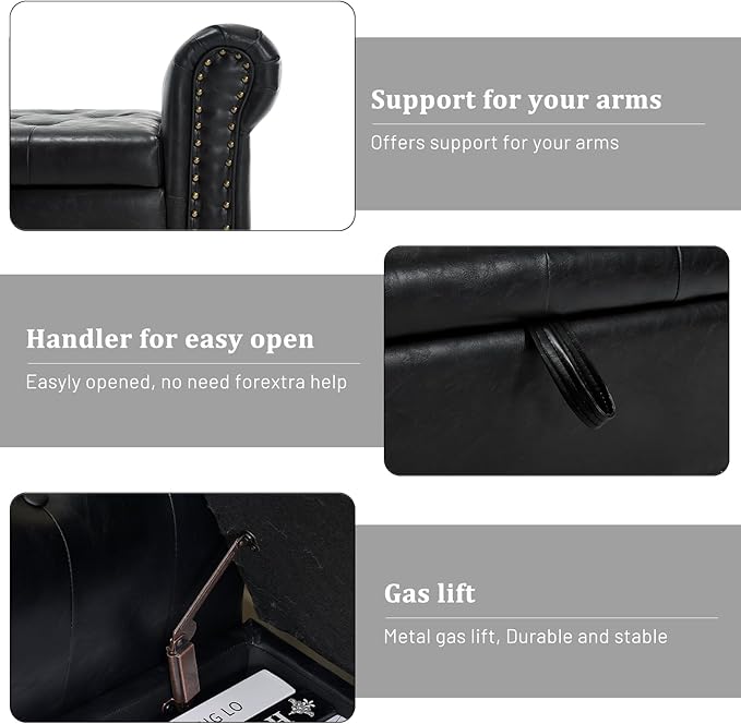 Furniliving 55” End of Bed Bench, Bedroom Bench with Button-Tufted, Large Upholstered Storage Ottoman Benches Entryway Bench with Storage Shoe Cabinet Bench, for Bedroom, Living Room, PU, Black