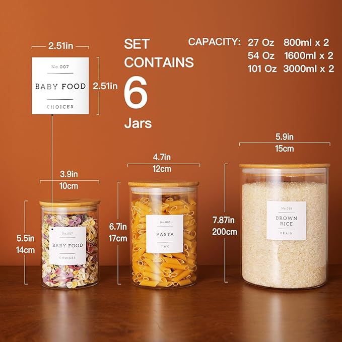 Set of 6 Glass Flour and Sugar jars with 132 Kitchen Pantry Labels - Thicken Large Glass Storage containers with Airtight Bamboo Lid - Glass Rice Canisters for Salt Coffee(100OZ/54OZ/27OZ)